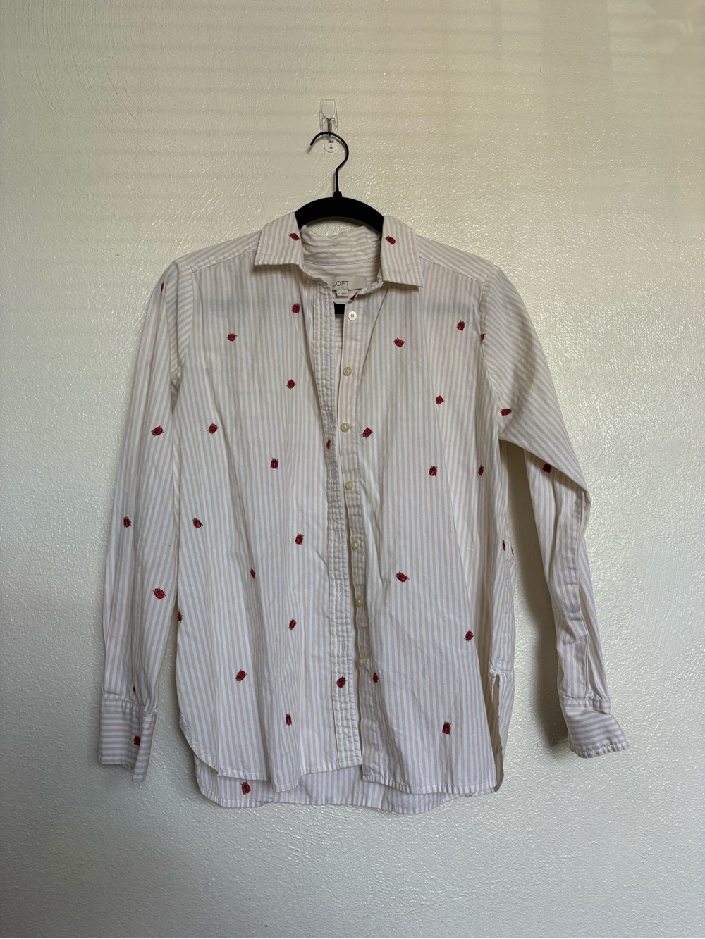LOFT White Stripe Button-Up Shirt with Red Embroidered Ladybugs
